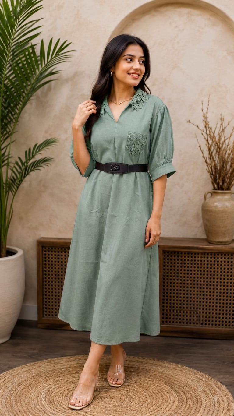 Crochet Collar Belted Midi Dress