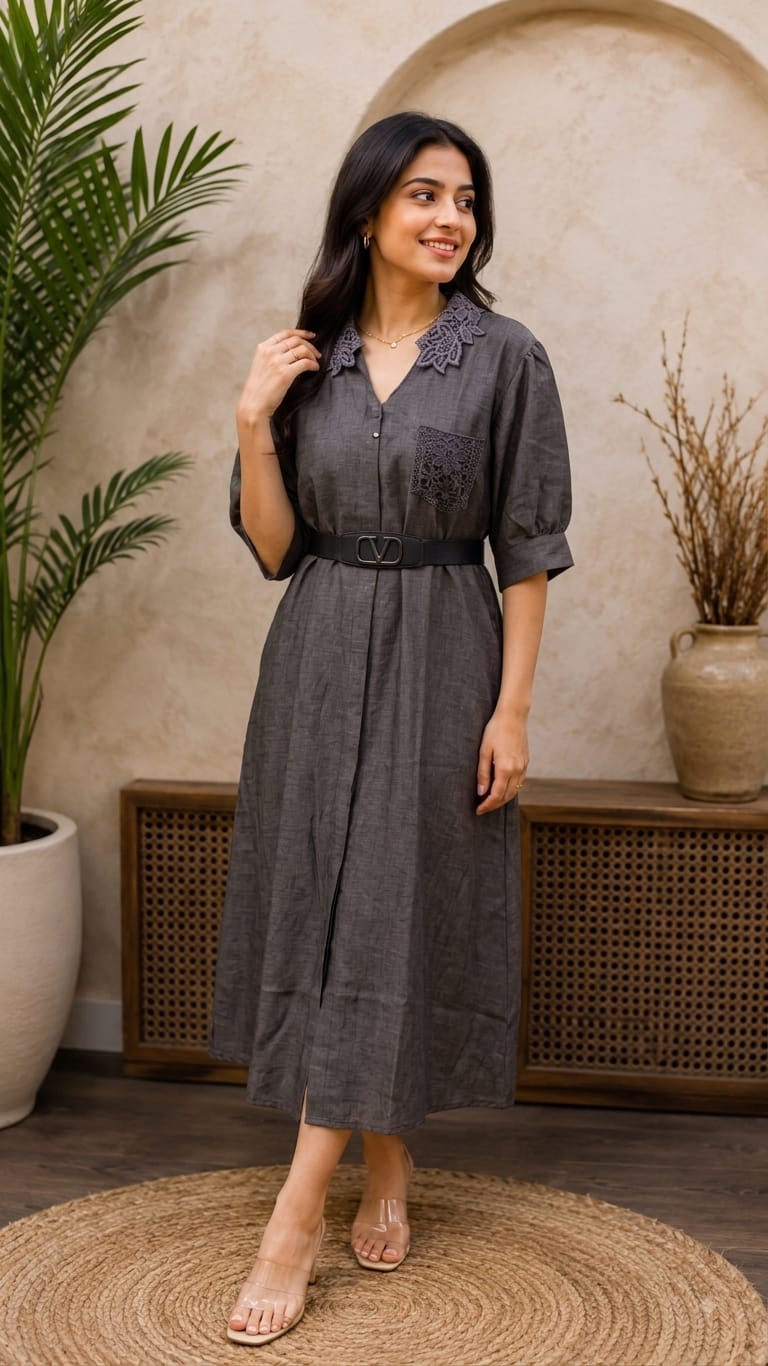 Crochet Collar Belted Midi Dress