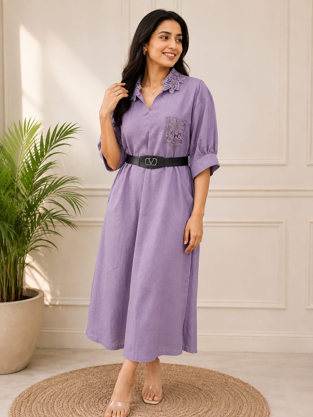 Crochet Collar Belted Midi Dress