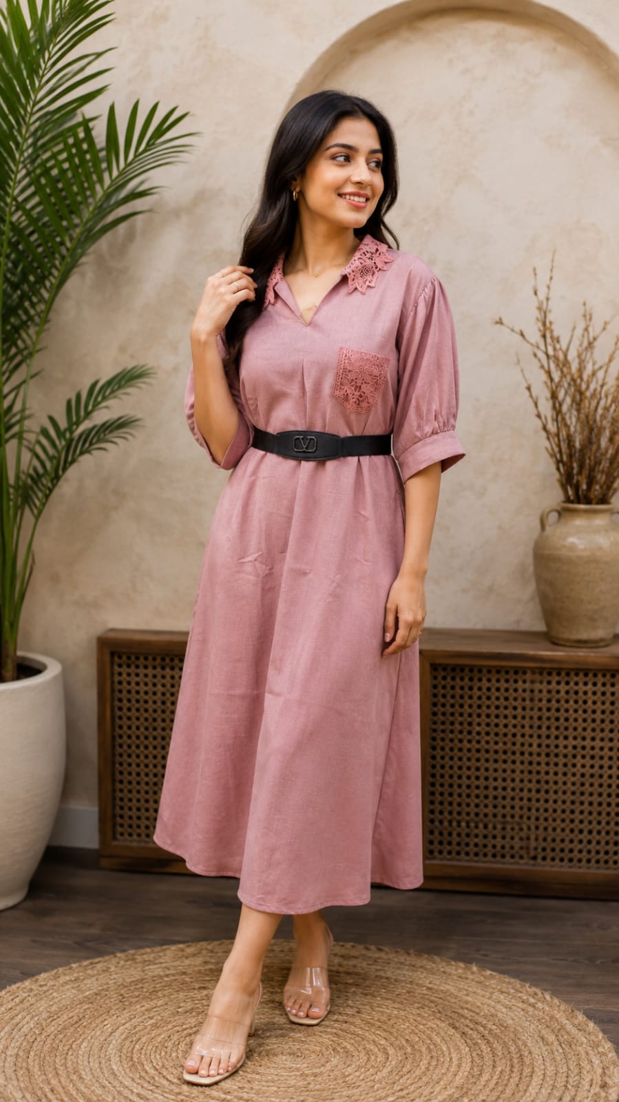 Crochet Collar Belted Midi Dress