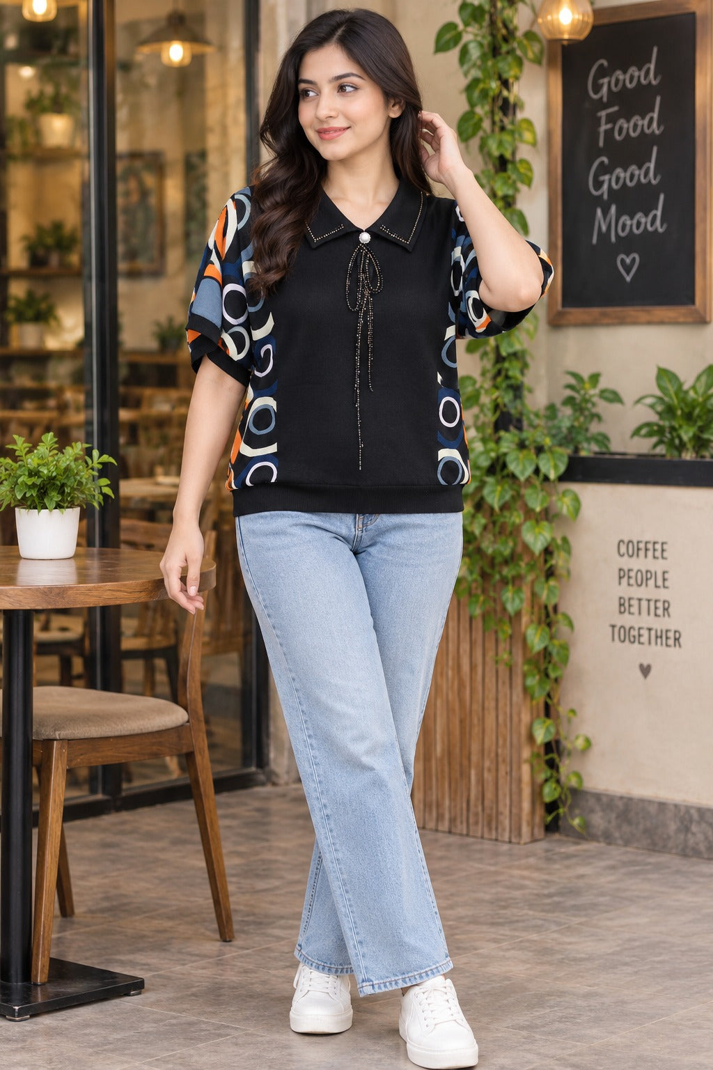 Collared Knit Top with Pearl and bow Accent