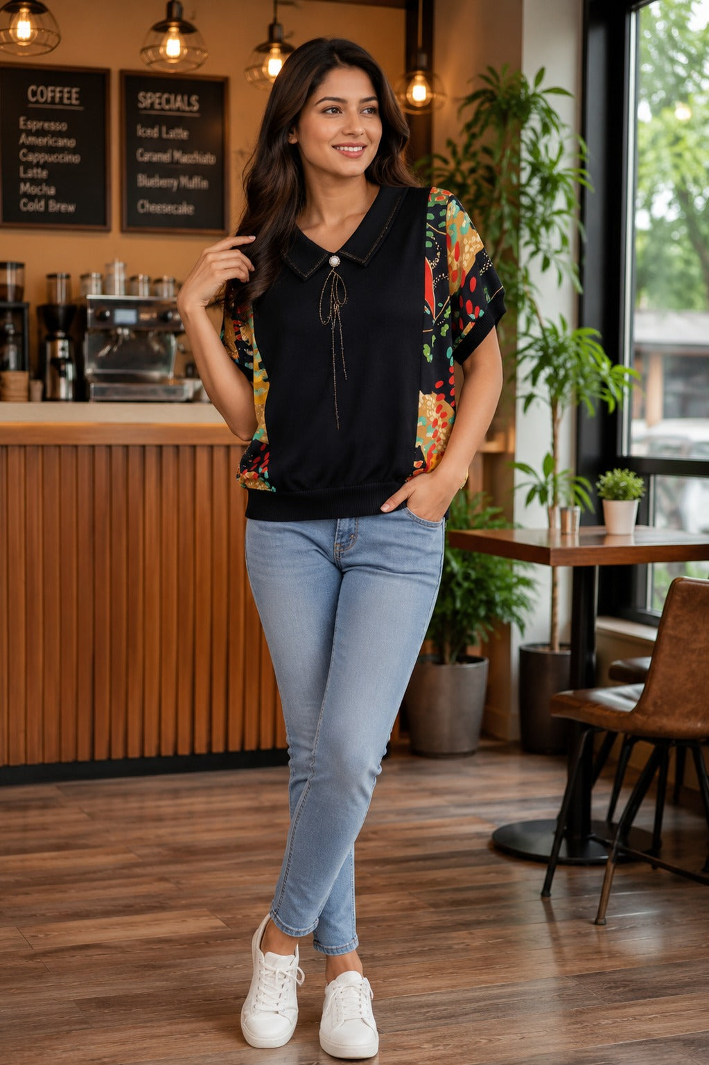 Collared Knit Top with Pearl and bow Accent