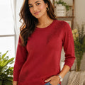 Rhinestone Feather Motif Crew Neck Knit Top