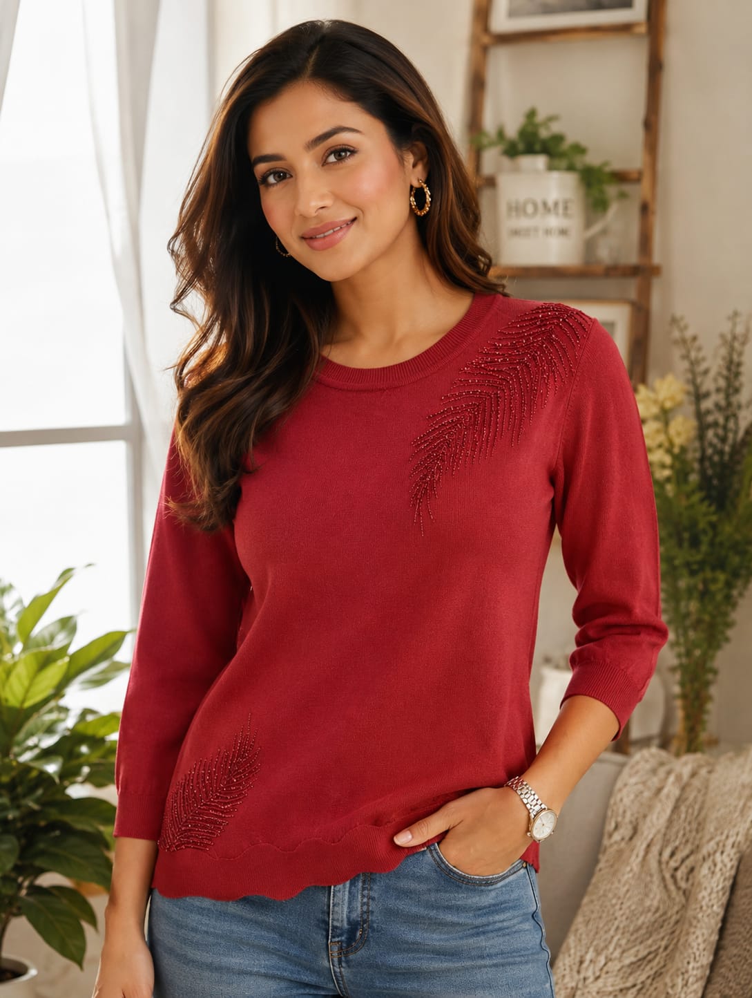 Rhinestone Feather Motif Crew Neck Knit Top