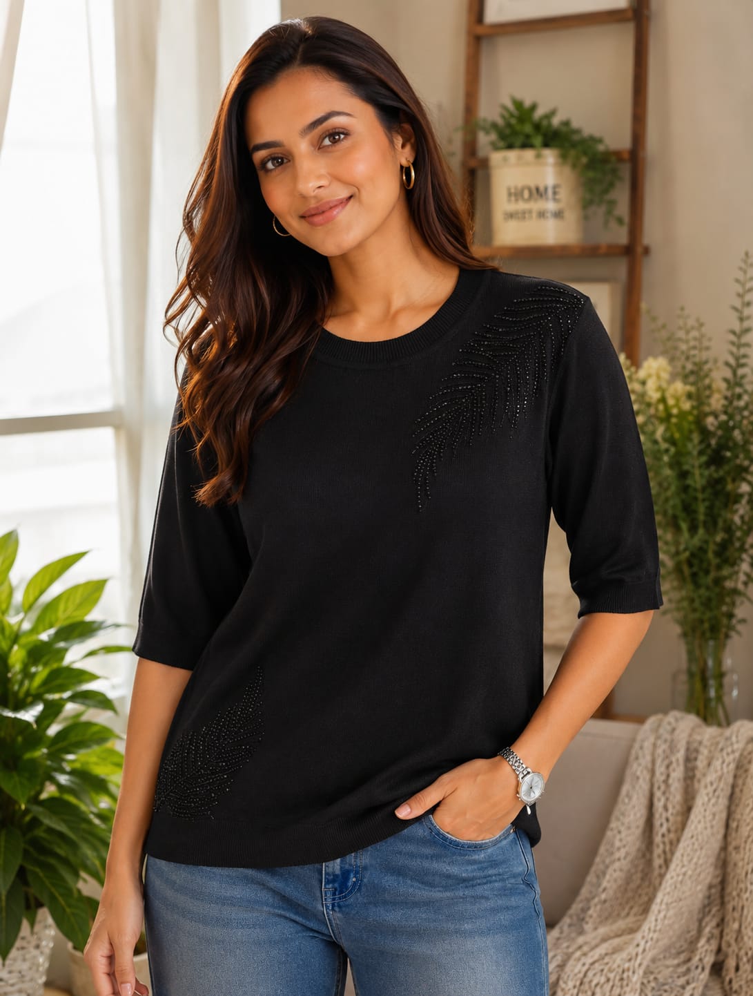 Rhinestone Feather Motif Crew Neck Knit Top