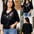 Rose Embroidered Casual V-Neck Top