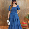 Blue Denim Smocked Tiered Midi Dress ✨