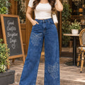 Embellished Bow Detail Wide-Leg Denim Jeans