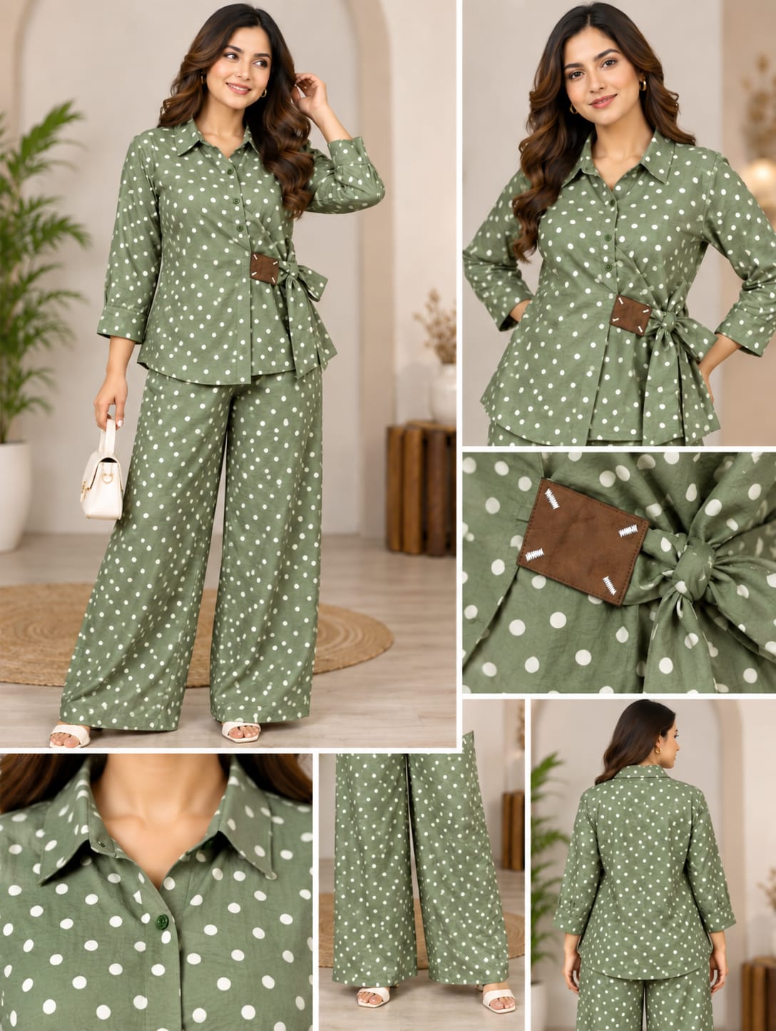 Women’s Polka Dot Tie-Waist Shirt & Wide-Leg Pants Cord Set