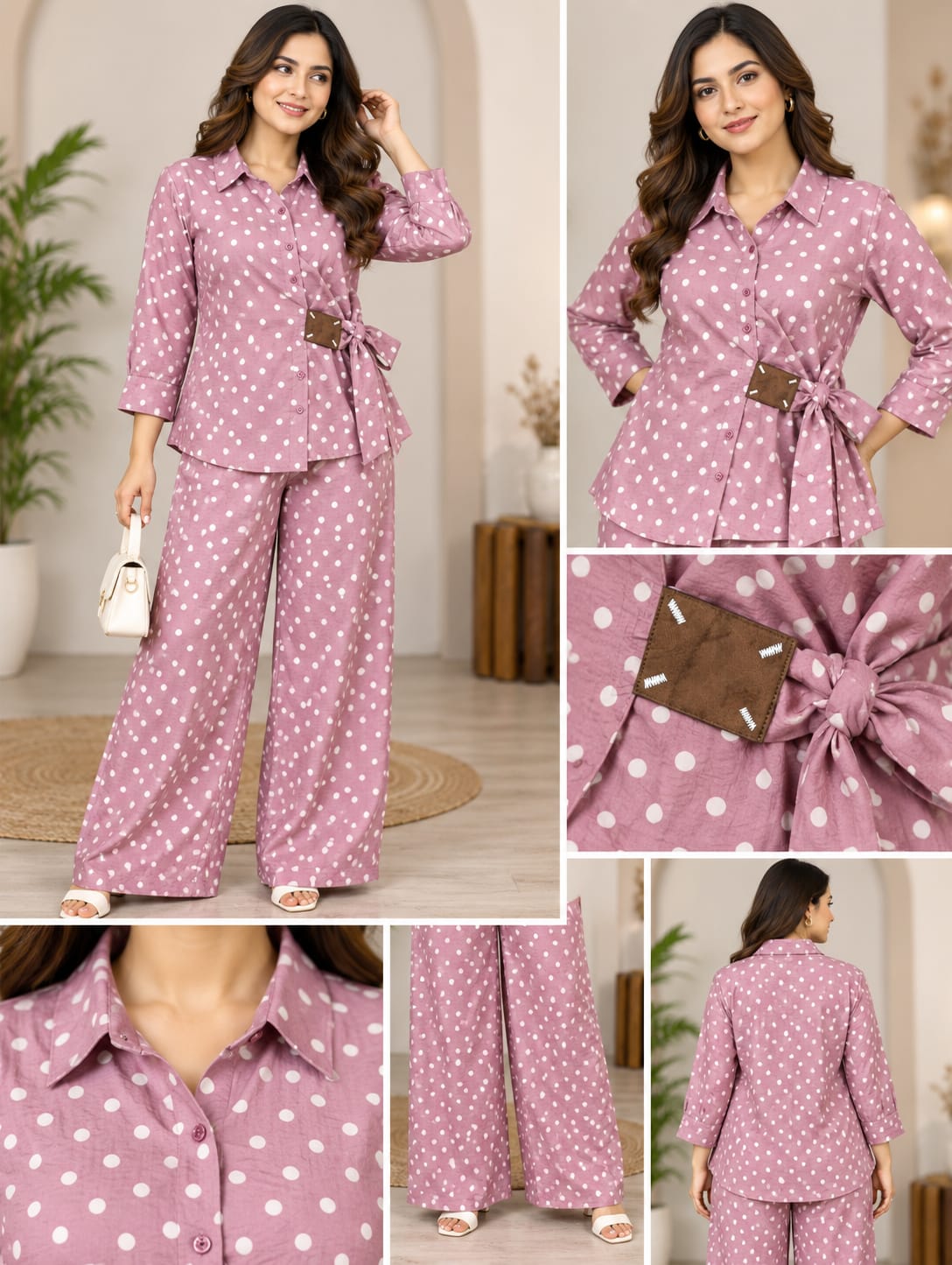 Women’s Polka Dot Tie-Waist Shirt & Wide-Leg Pants Cord Set