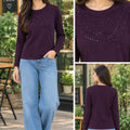 Embellished Plum Full-Sleeve Round Neck Top