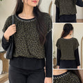 Animal Print Rhinestone-Trimmed Layered Top with Long Sleeves