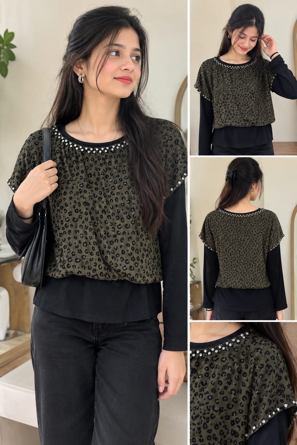 Animal Print Rhinestone-Trimmed Layered Top with Long Sleeves