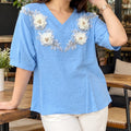Women's Floral Applique V-Neck Short Sleeve Flared Top