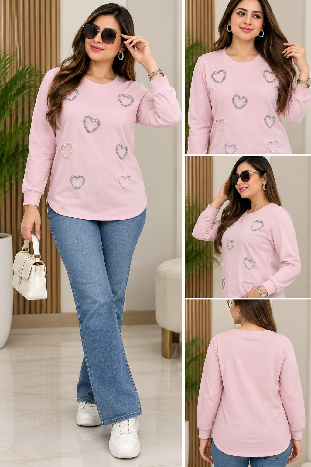 Women’s Light Pink Heart Embellished Full Sleeve Sweatshirt