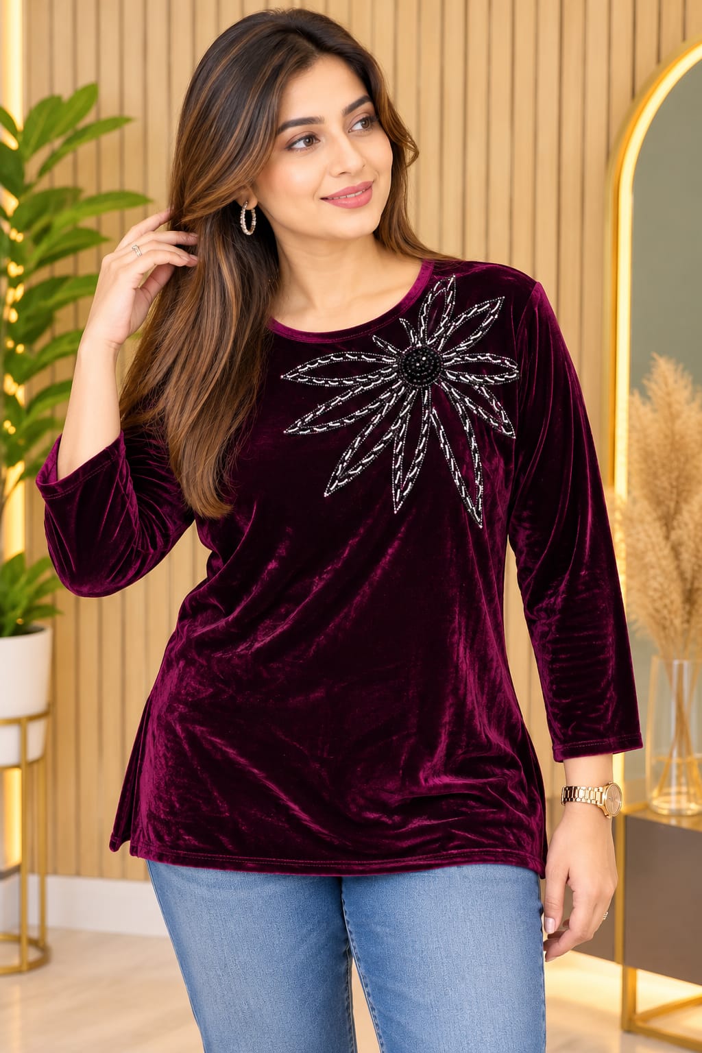 Women’s Velvet Top with Silver Floral Embellishment