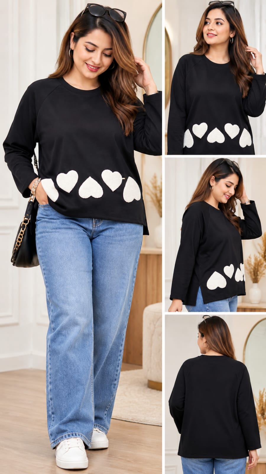 Premium Heart Appliqué Cozy Sweatshirt  Top