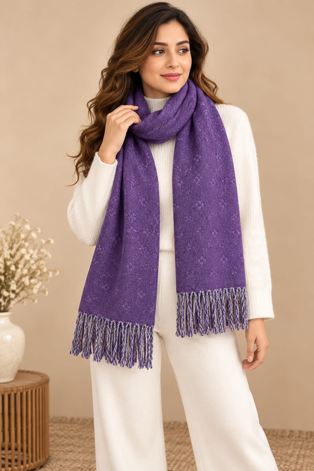 Women’s Floral Embossed Winter Shawl with Tassel Fringe