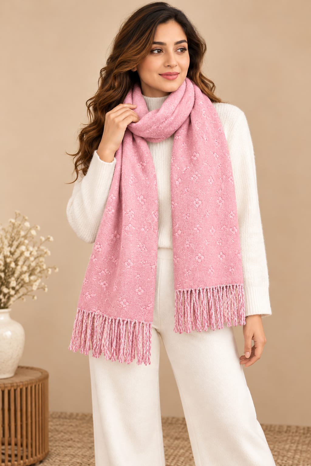 Women’s Floral Embossed Winter Shawl with Tassel Fringe