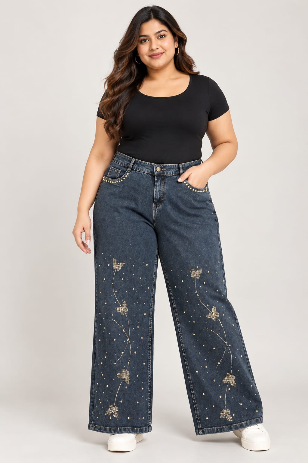 Women's High-Waist Wide-Leg Embellished Denim Jean