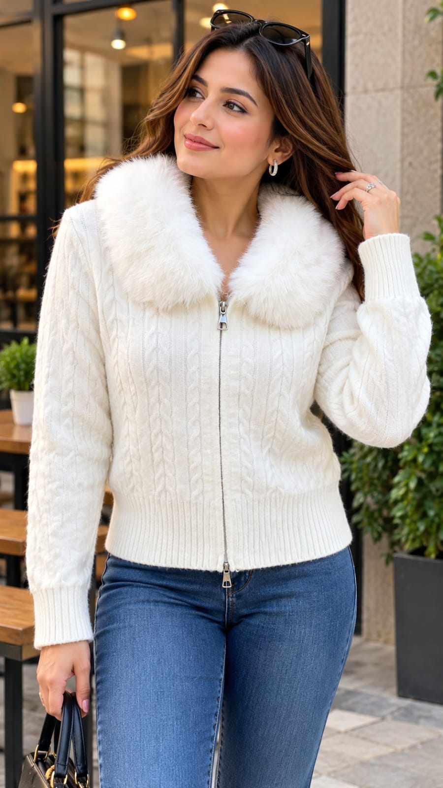 Rib Fur Collar Zipper Cardigan