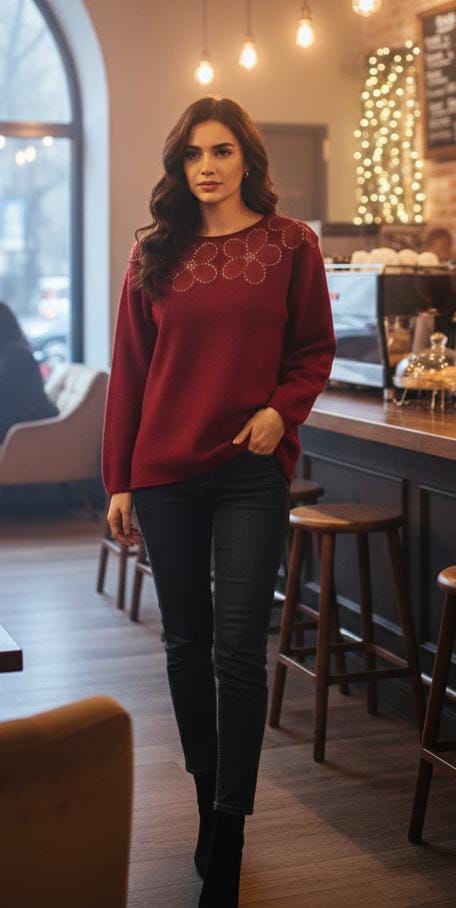 Round-Neck Knit Top with Shoulder Flower Detail