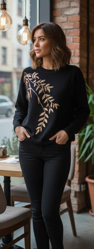 Elegant Sequence Leaf Embroidery Sweater Top