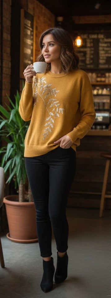Elegant Sequence Leaf Embroidery Sweater Top
