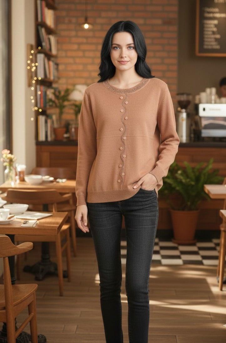 Embellished Knit Sweater with Wavy Button Detail