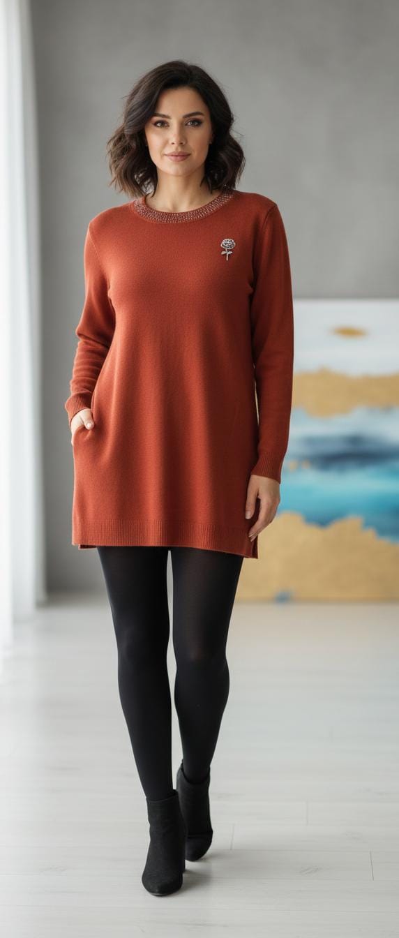 Plus Size "Floral Brooch Detail" long top