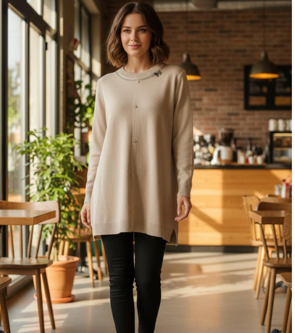Button-Detail with bow neck line Long top Knit Sweater