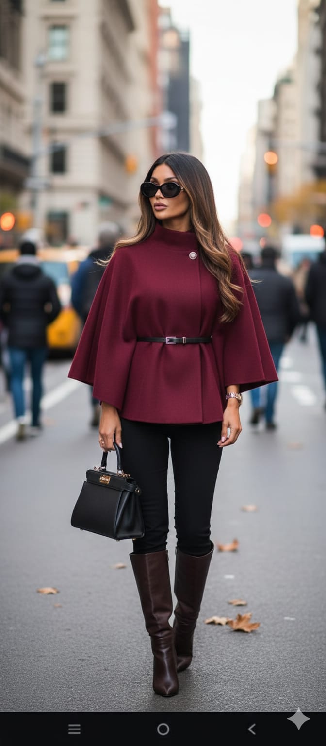 wool cape with tall boots