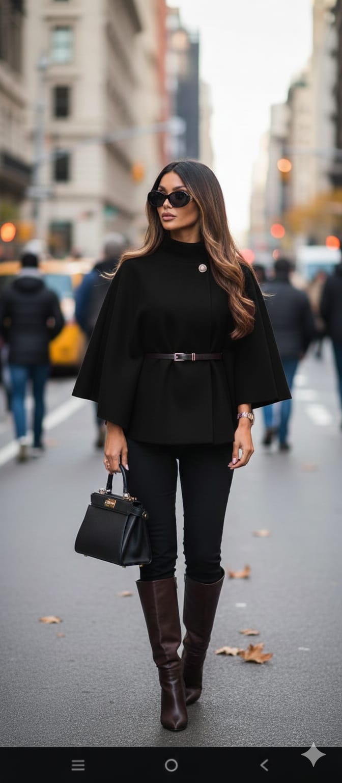 wool cape with tall boots