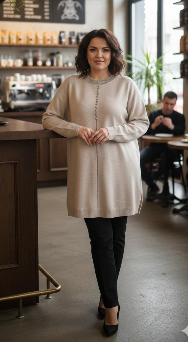 Embellished Tunic Sweater with Beaded Detail long top