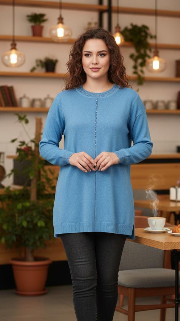 Embellished Tunic Sweater with Beaded Detail long top