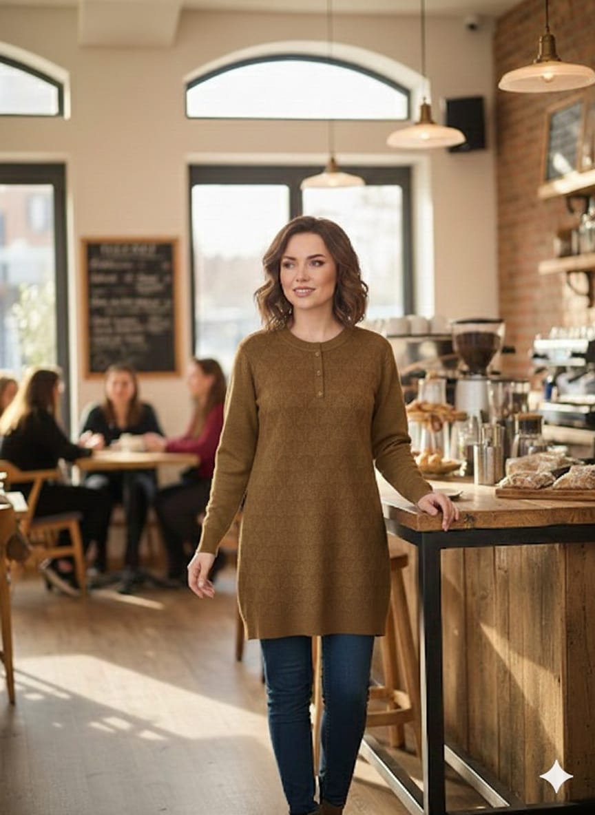 Henley-style button neck winter long top