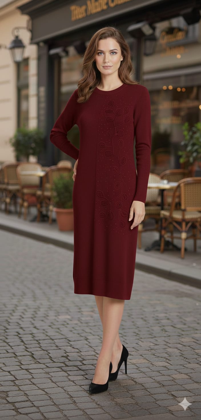 Ribbed Winter Knit Sequin Embellished Midi Dress