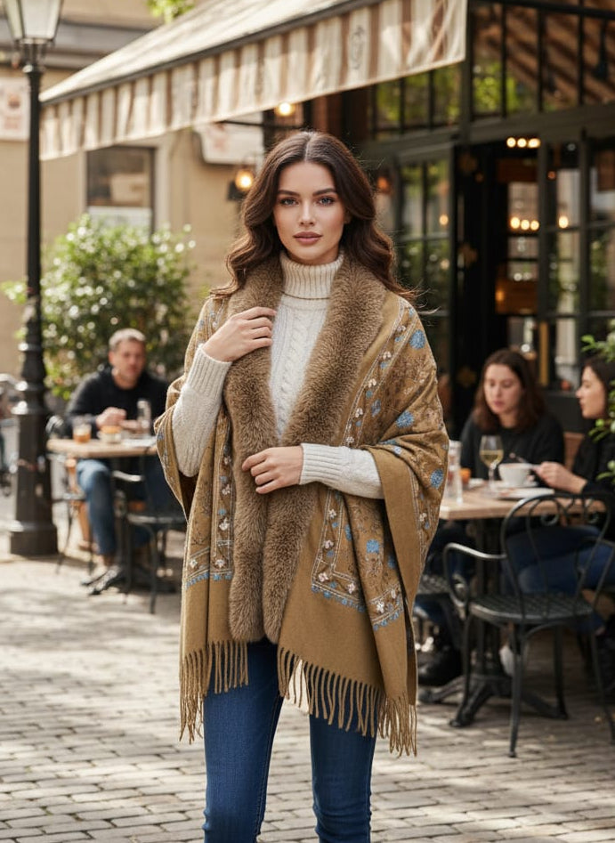 Parisian Faux-Fur Trimmed Embroidered Poncho