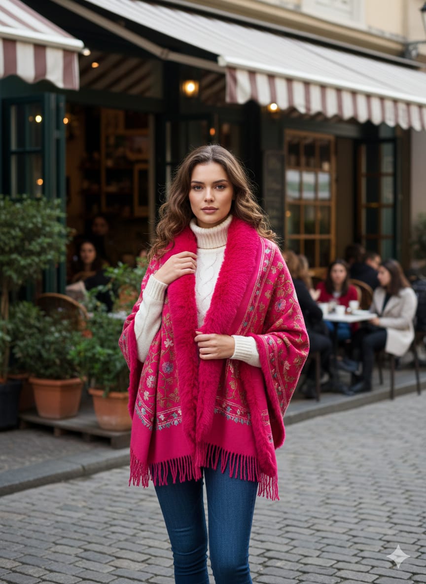 Parisian Faux-Fur Trimmed Embroidered Poncho