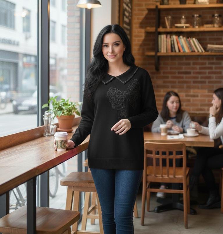 Bow Embellished Peter Pan Collar Knit top