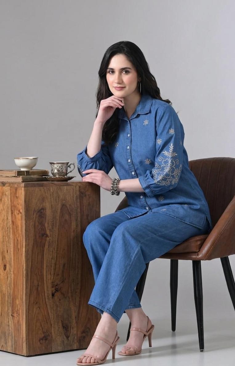 Floral Embroidered Denim Co-ord Set