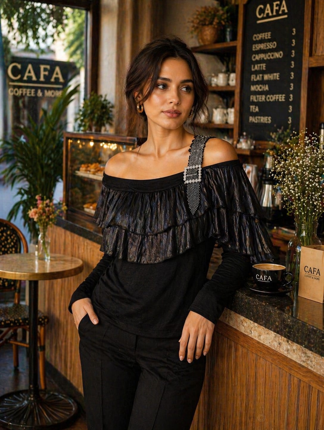 Off-the-Shoulder Tiered Ruffle Top Buckle Strap