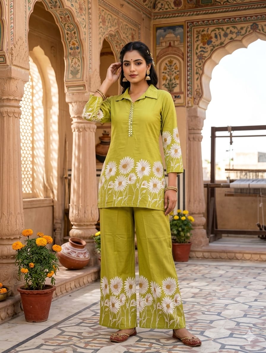 Embroidered  Floral Print Cotton Coord Set