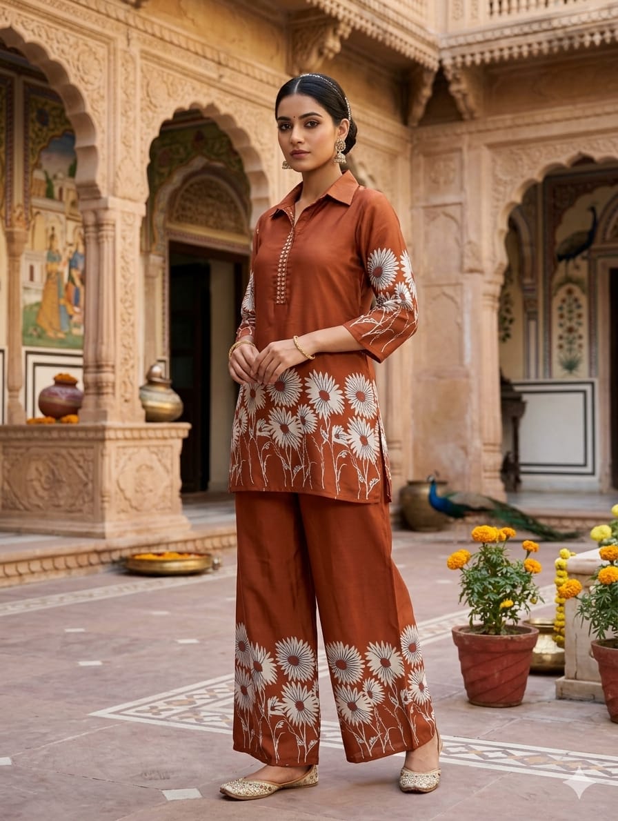 Embroidered  Floral Print Cotton Coord Set