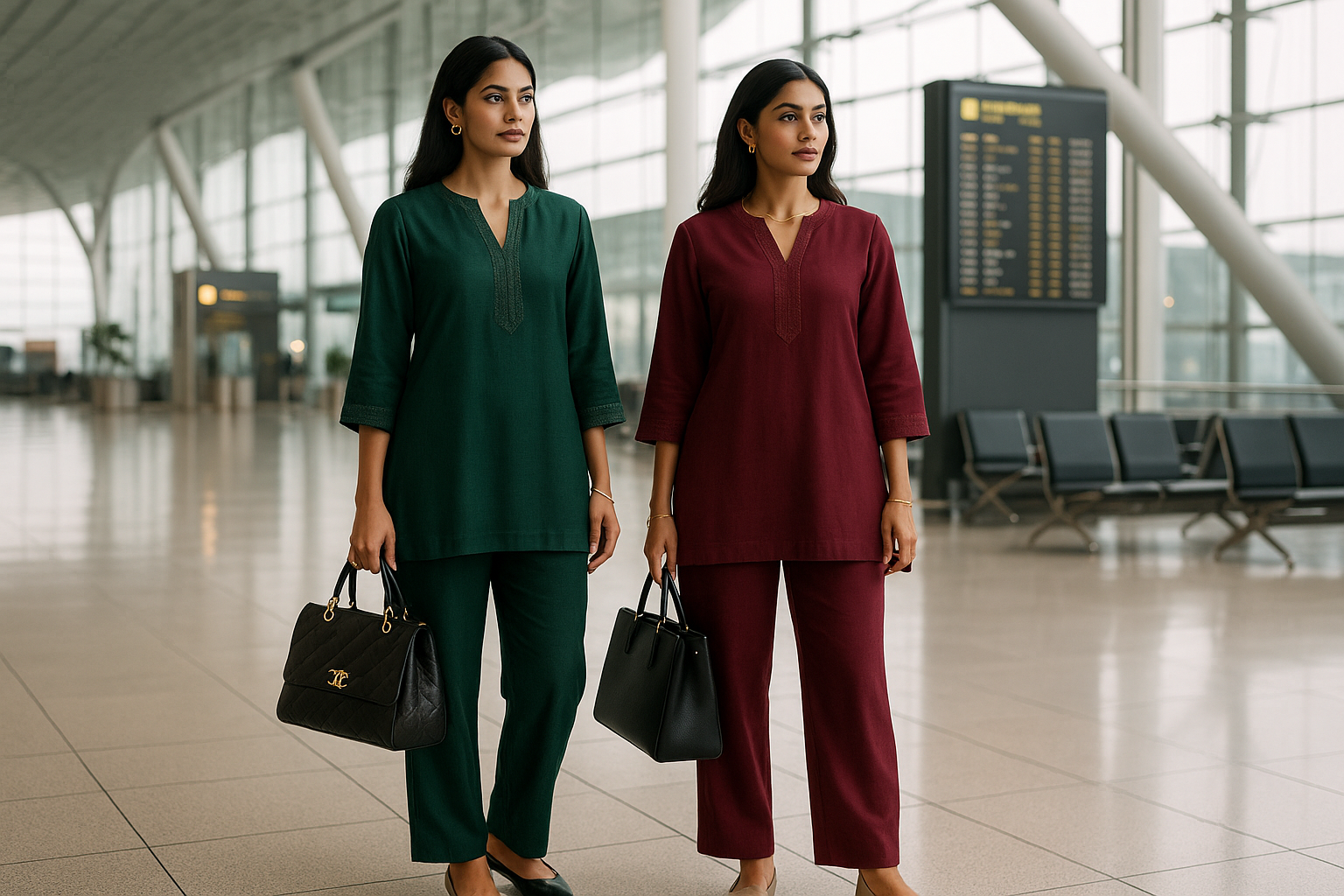 india women wearing premium coordset at a airport look