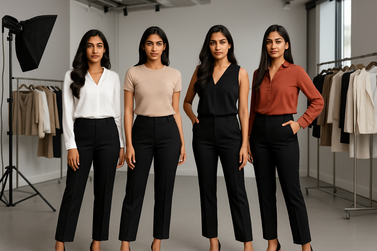 indian women wearing black straight cut pant with a background of professional western wear studio