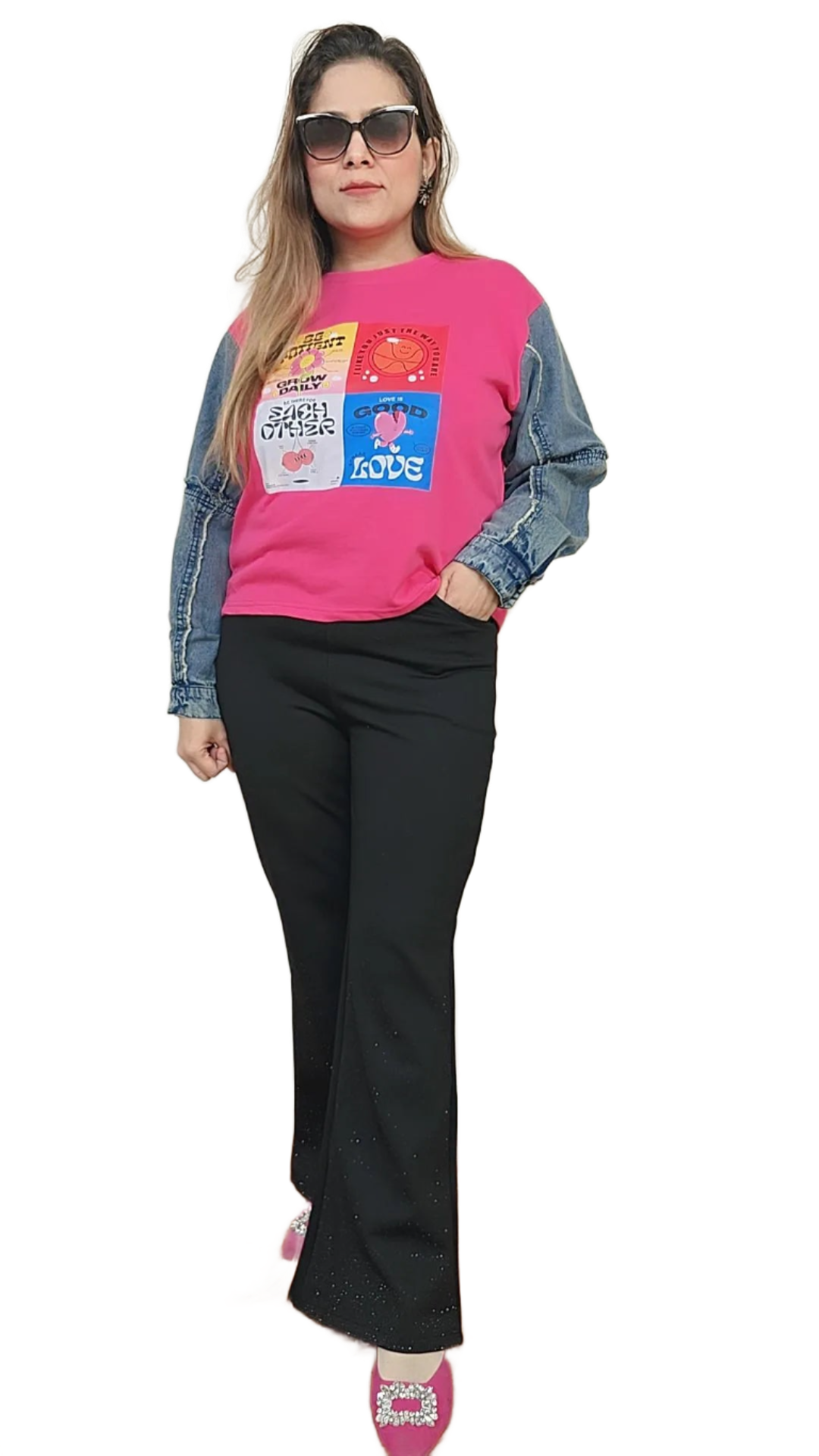 Tshirt top with denim full sleeves