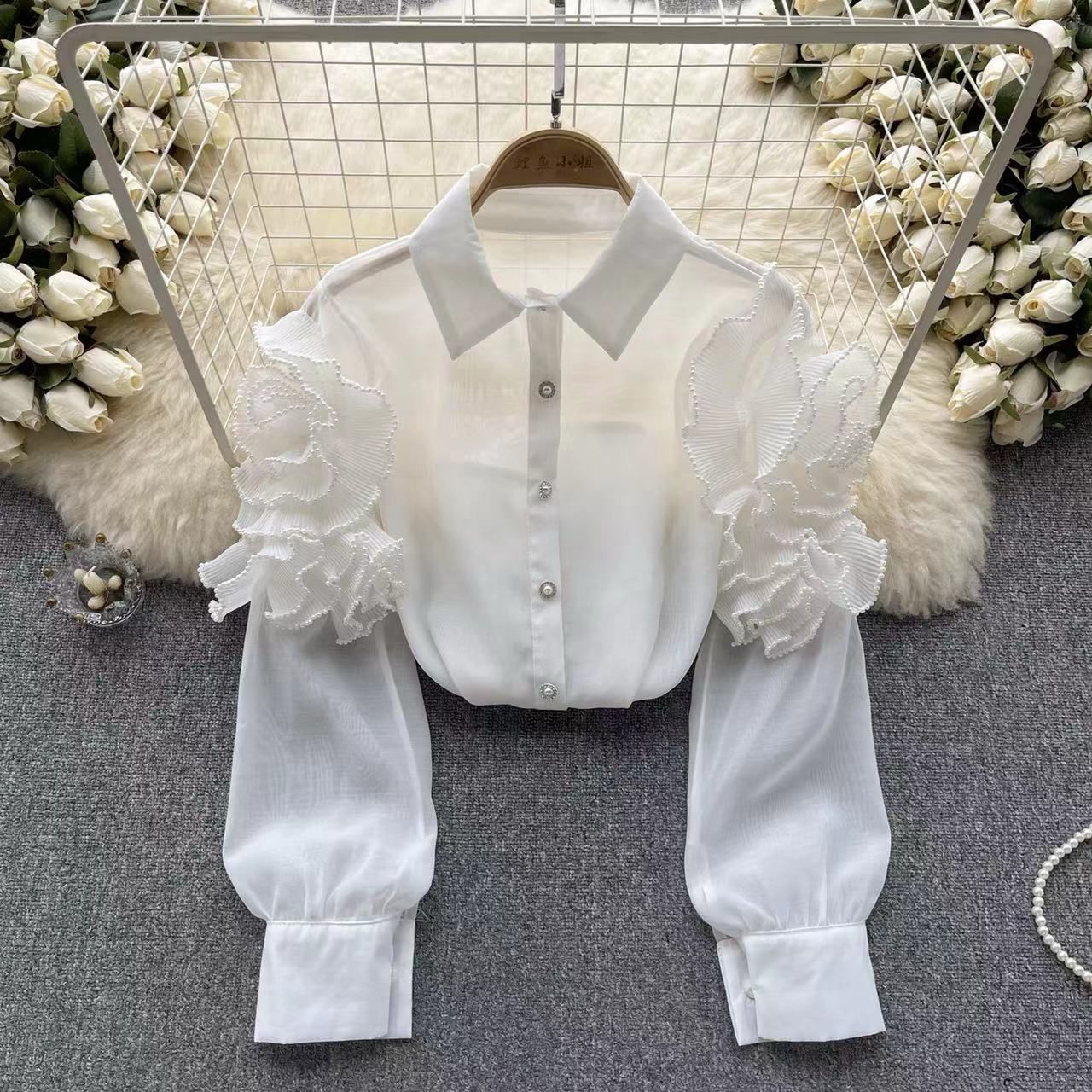 "Pearl Elegance Ruffled Sheer Shirt"