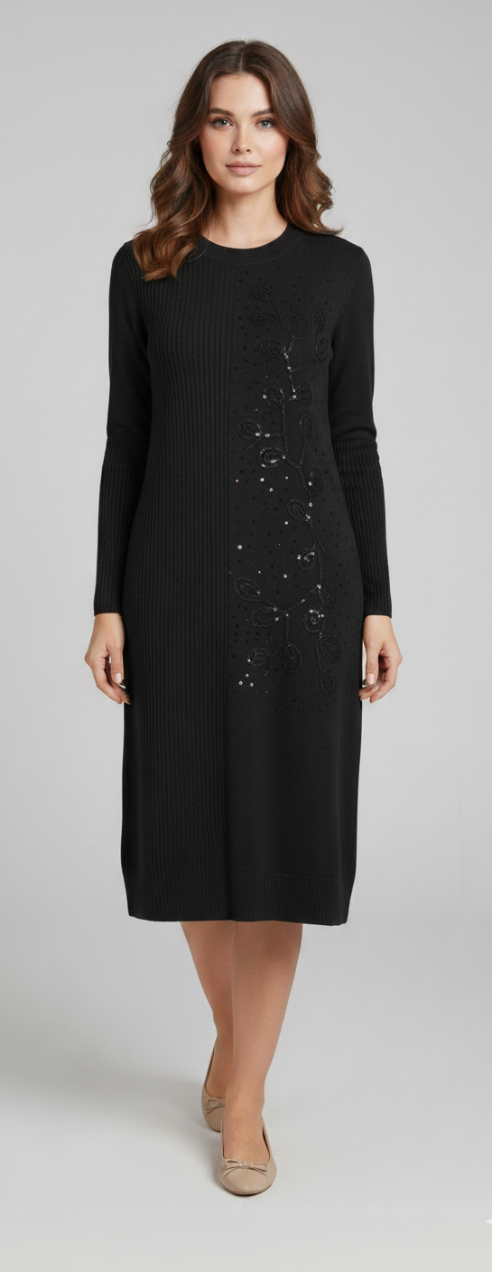 Ribbed Winter Knit Sequin Embellished Midi Dress
