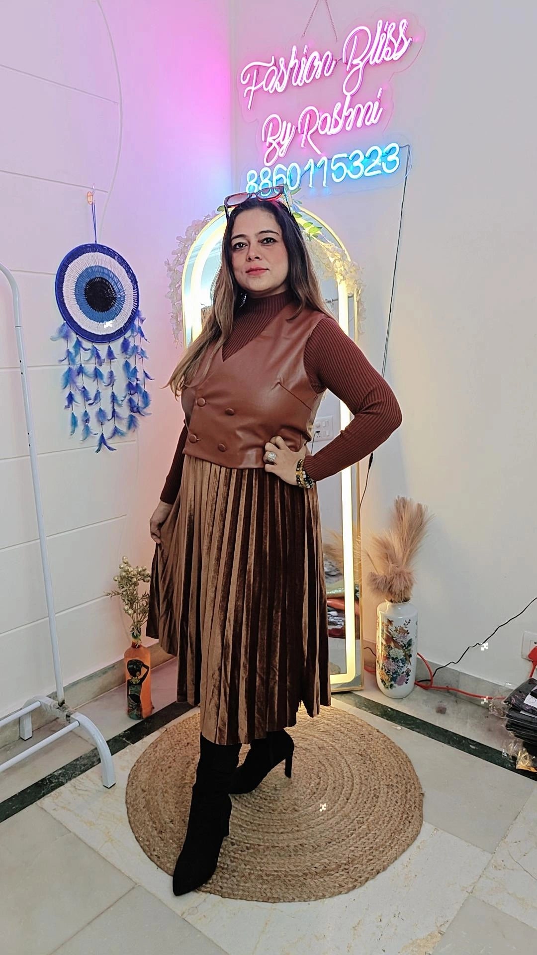 Korean style pleated dress with leather shrug